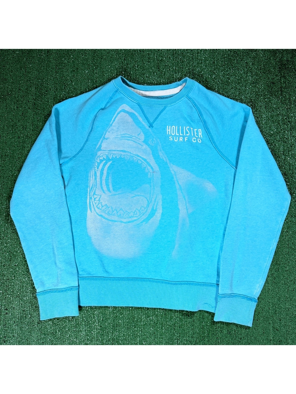Y2K Hollister Surf Co. Medium Blue Sweatshirt with Shark Graphic